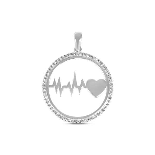 Pandantiv argint rotund cu puls si inima cu pietre zirconia Heartbeat Circle