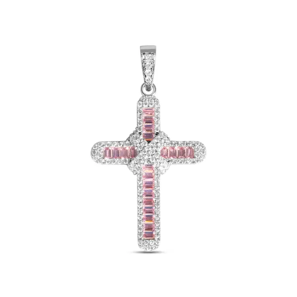 Pandantiv argint in forma de cruce cu pietre Zirconia roz Blush Faith