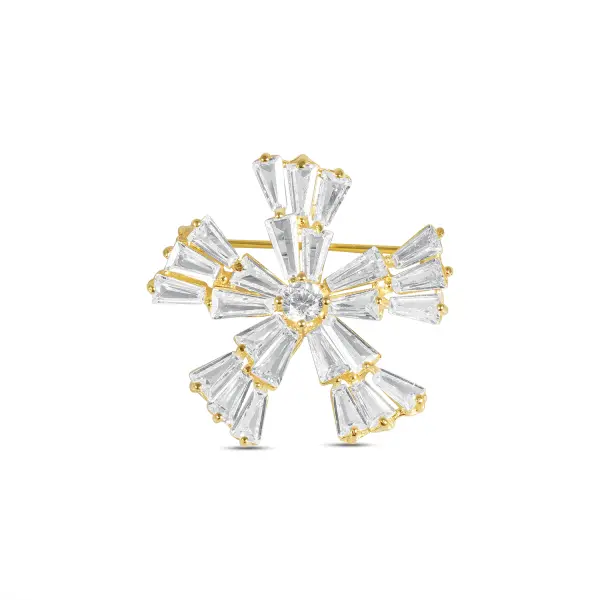 Brosa argint galben in forma de fulg de nea cu pietre Zirconia Snowflake Lumiere