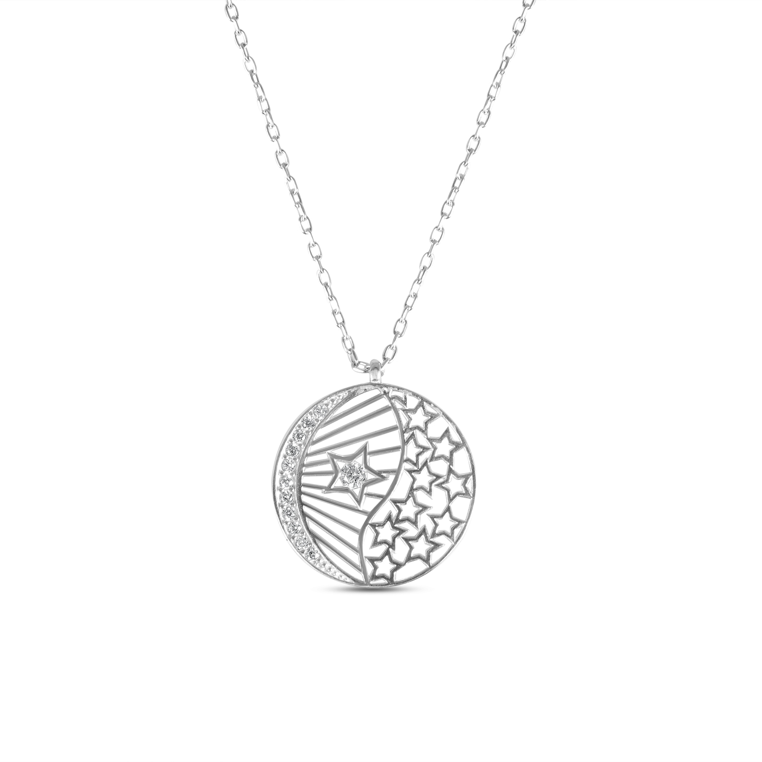 Colier de argint fin cu pandantiv semiluna si stele cu pietre Zirconia Lunar Stars Glow