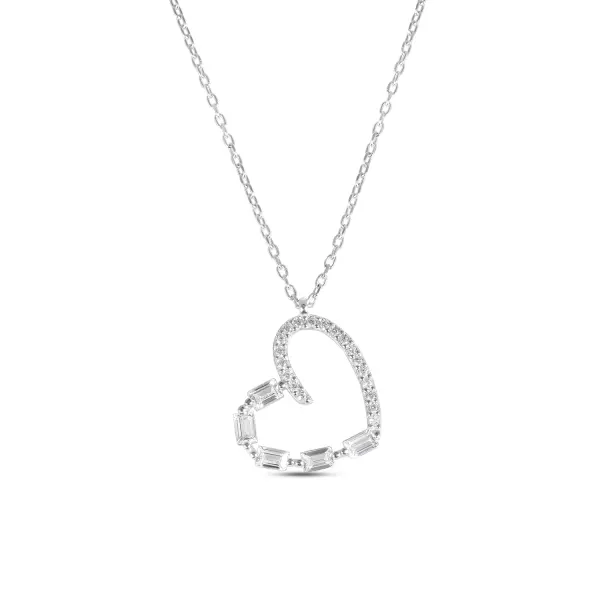 Colier de argint cu lant fin si pandantiv inima cu pietre Zirconia rotunde si dreptunghiulare Crystal Heart