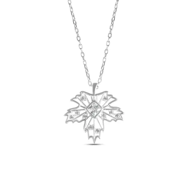 Colier de argint cu pandantiv frunza de artar si pietre Zirconia Maple Radiance