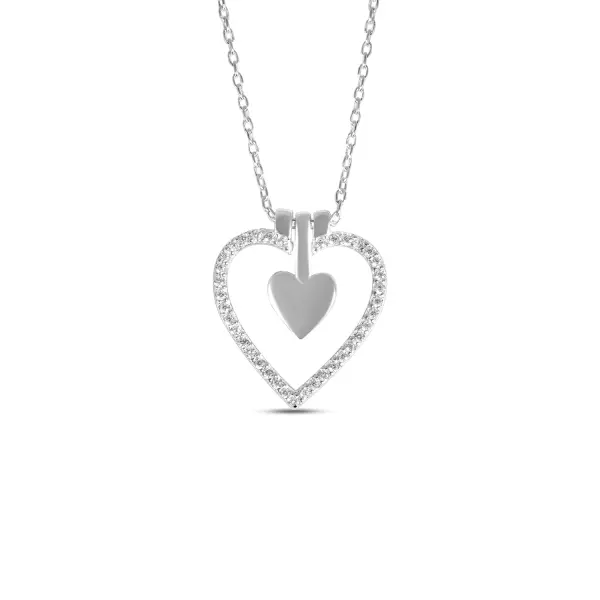 Colier de argint subtire cu pandantiv inima dubla cu rama din pietre Zirconia Heart Embrace