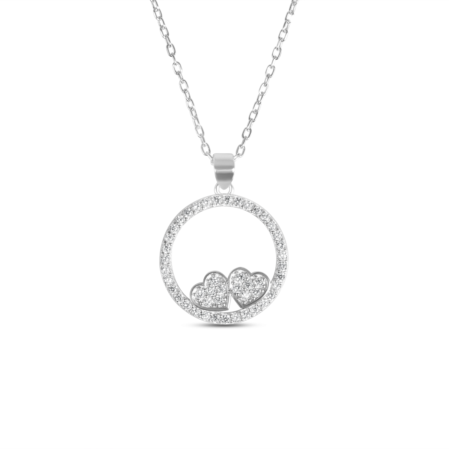 Colier de argint fin cu pandantiv cerc cu doua inimi si pietre Zirconia Twin Hearts Circle