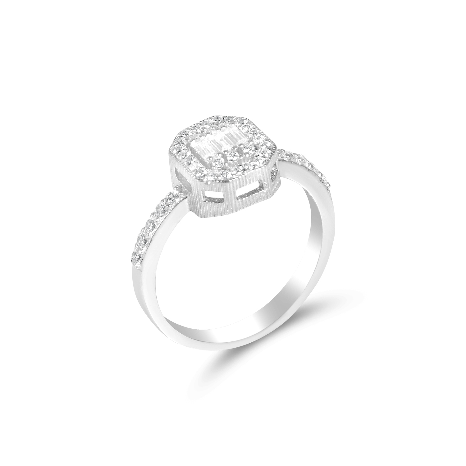 Inel argint dama cu Zirconia dreptunghiulare si Zirconia rotunde pavate Radiant Frame