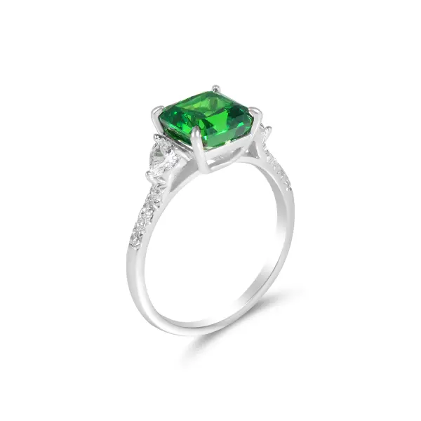 Inel argint dama cu piatra Zirconia verde patrata si pietre Zirconia albe Emerald Square Glam
