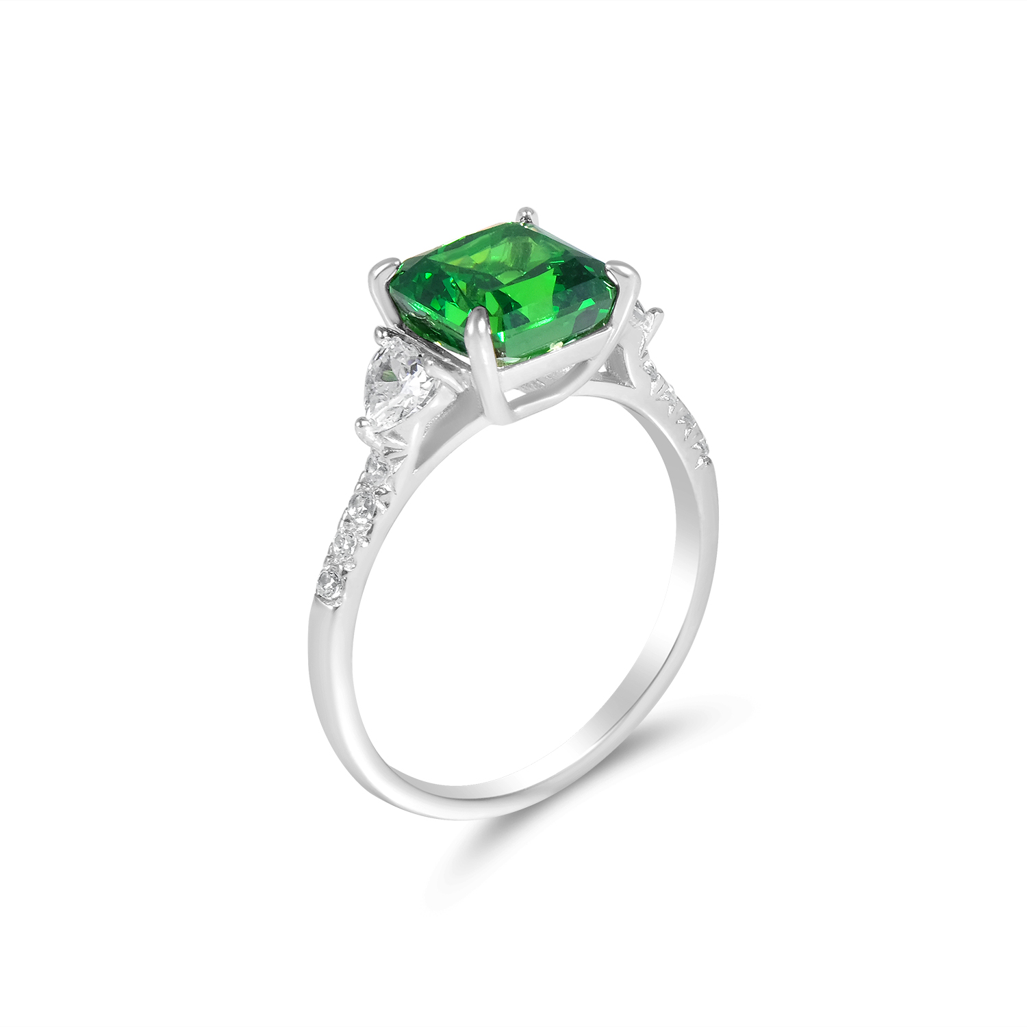 Inel argint dama cu piatra Zirconia verde patrata si pietre Zirconia albe Emerald Square Glam