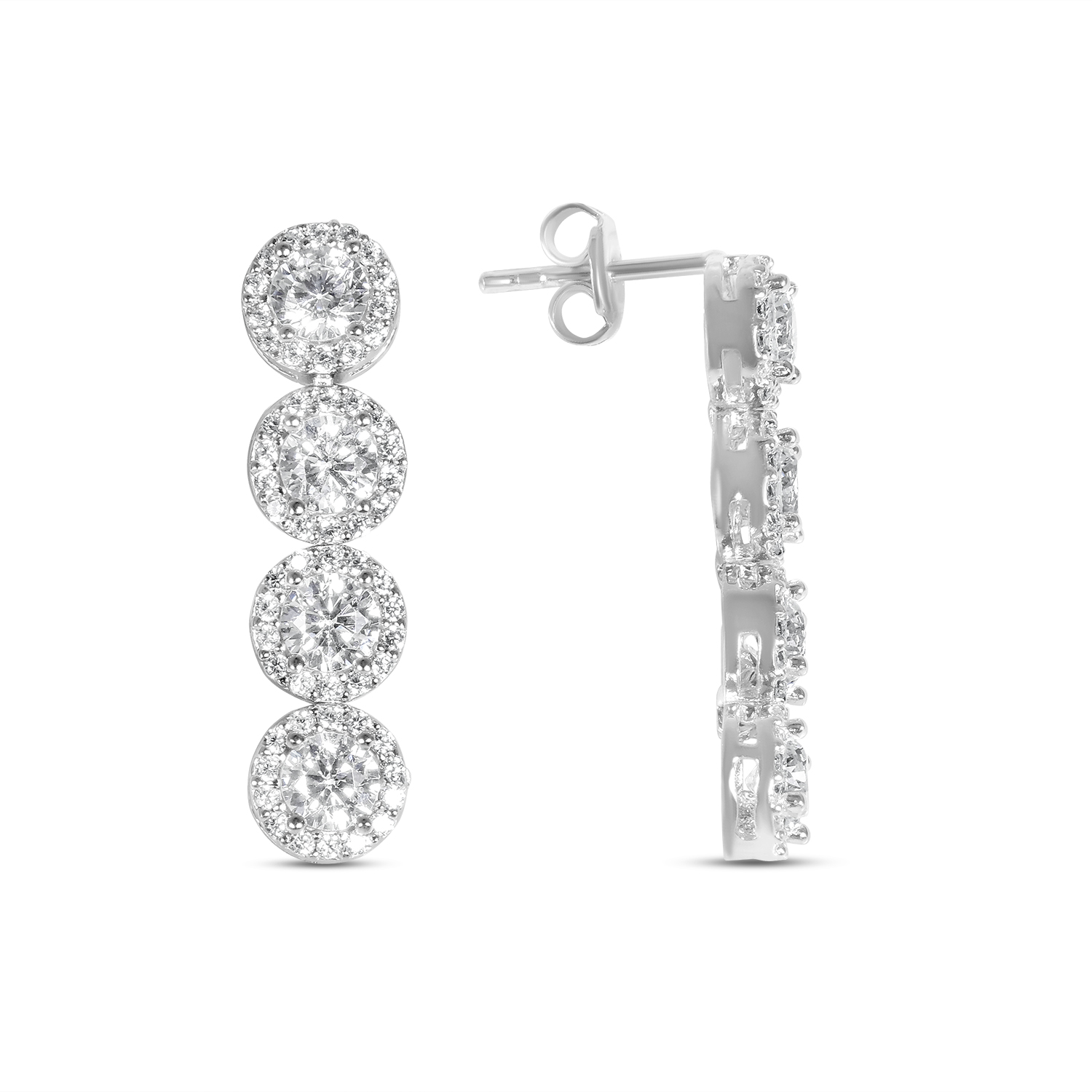 Cercei argint dama cu patru pietre Zirconia rotunde si halo pave Four Halo Sparkle
