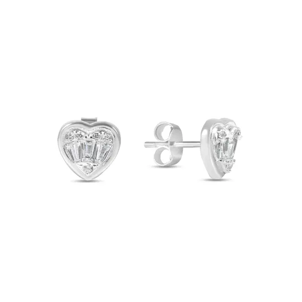 Cercei argint dama scurti in forma de inima pavati cu pietre Zirconia Silver Heart Frame