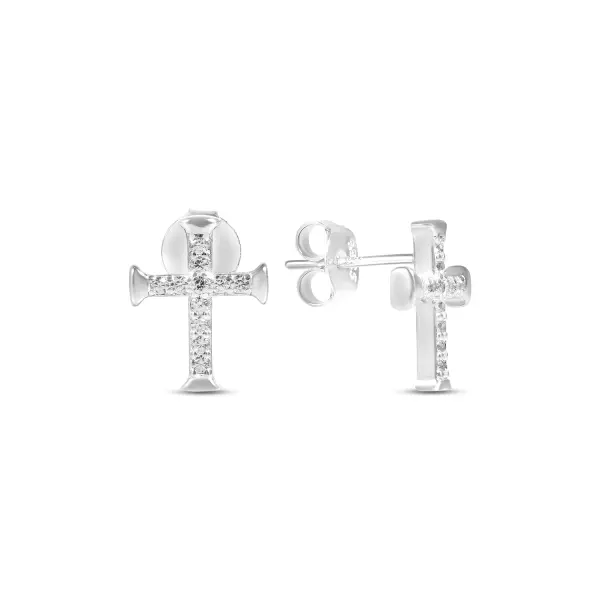 Cercei argint dama scurti model cruce cu pietre Zirconia Faith Spark