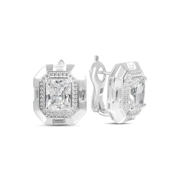Cercei argint cu piatra Zirconia dreptunghiulara si halo de pietre Zirconia Regal Frame Glow