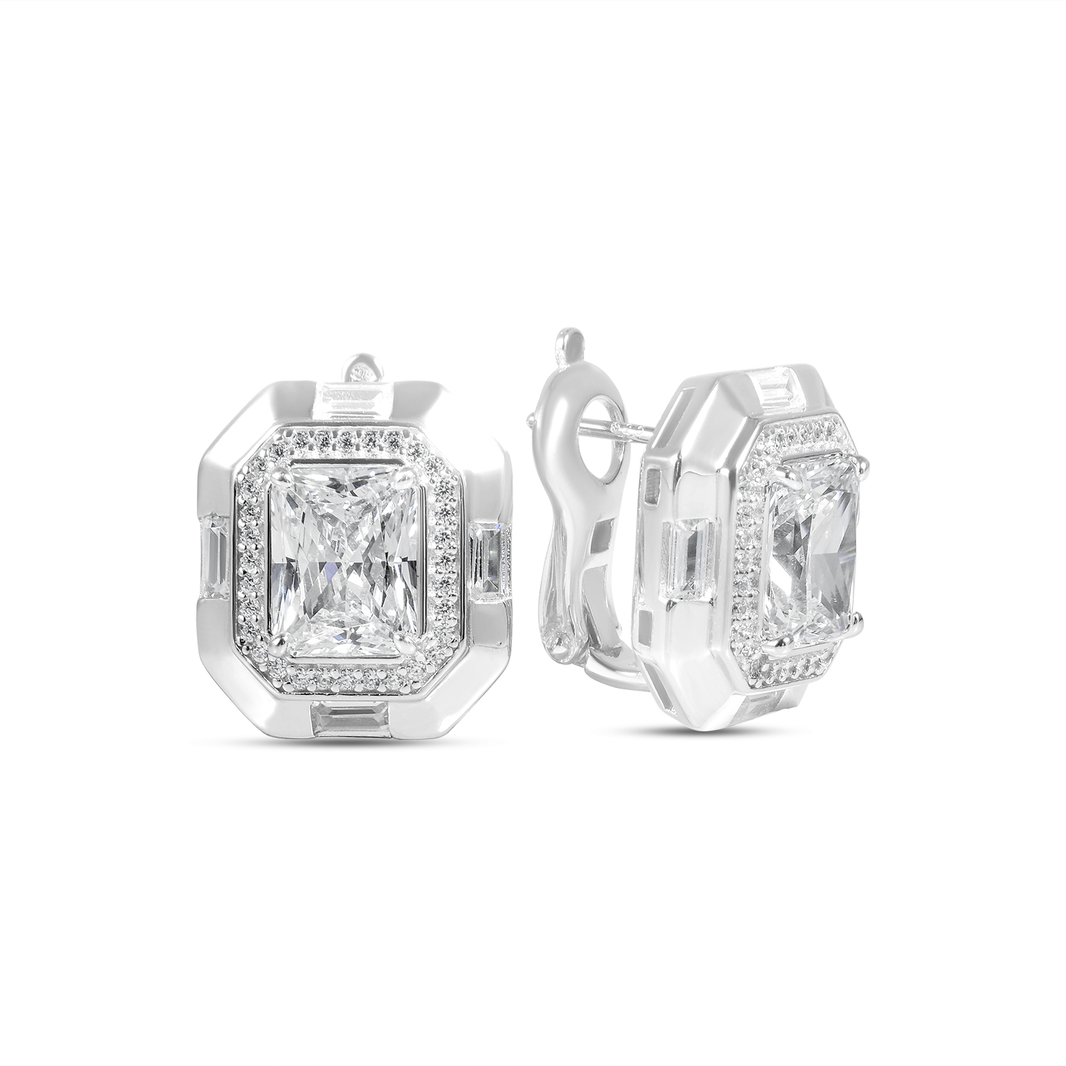 Cercei argint cu piatra Zirconia dreptunghiulara si halo de pietre Zirconia Regal Frame Glow
