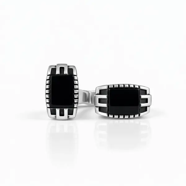 Butoni argint texturati cu insert negru Structured Black Elegance