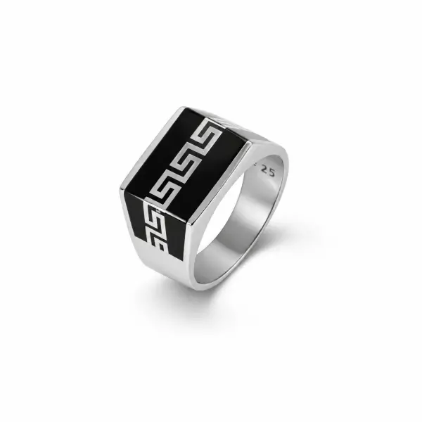 Inel argint model grecesc negru alb Modern Greek Pattern