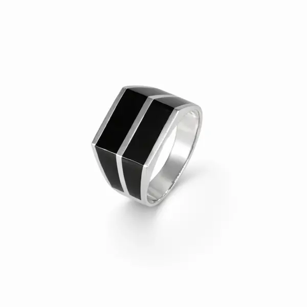 Inel argint cu insertii negre si linie centrala moderna Urban Line Ring