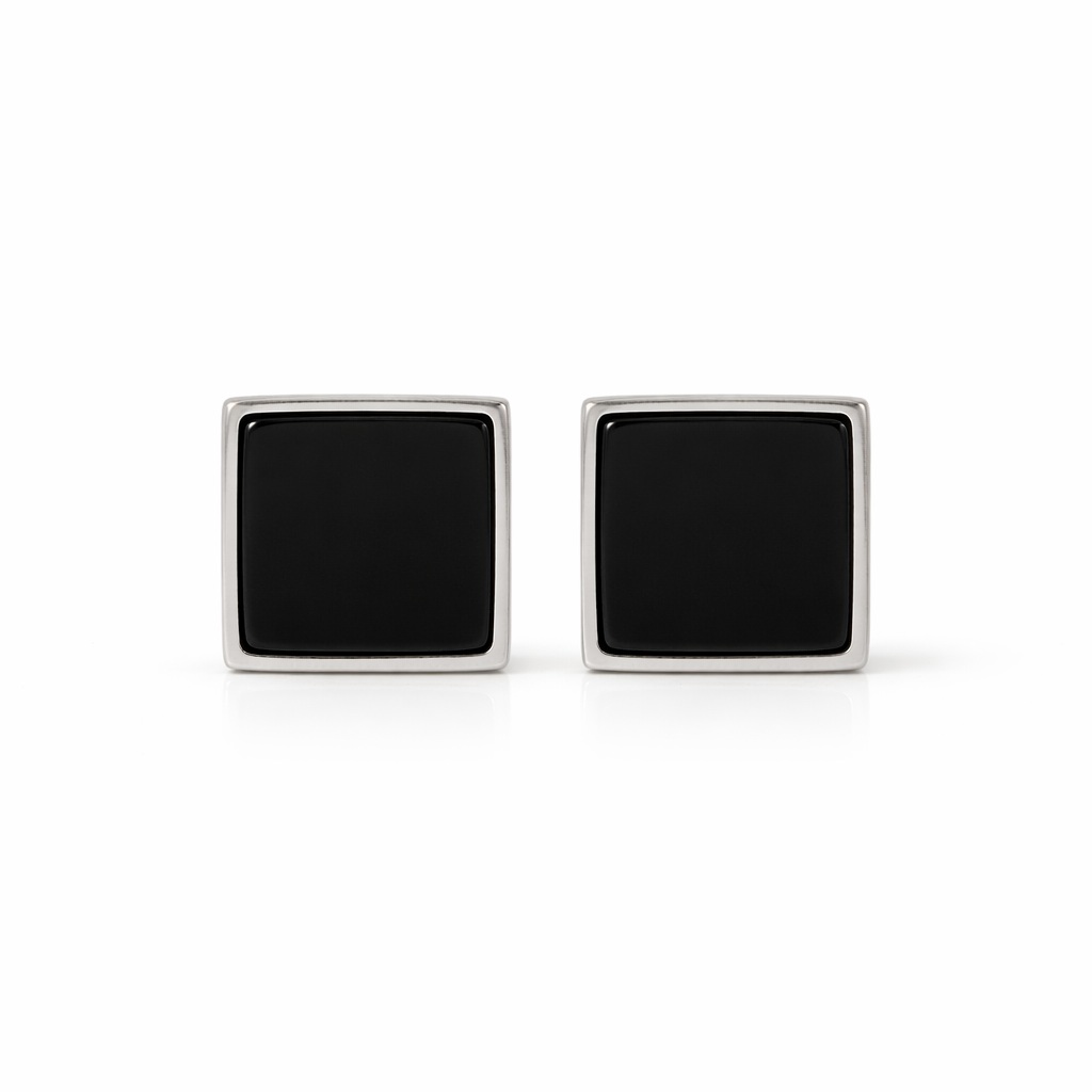 Butoni argint design patrat si insert negru Elegant Square Cufflinks
